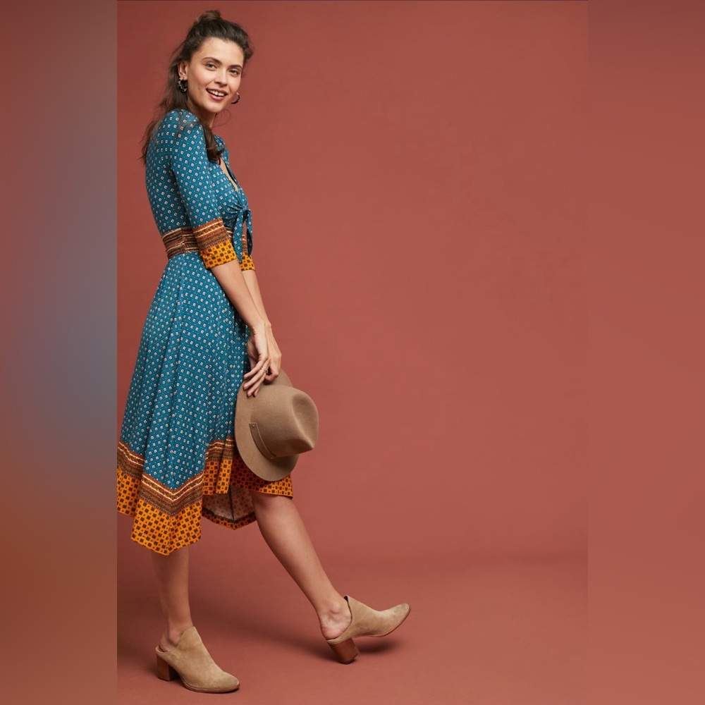 Teal & Mustard Print Tie-Front Midi Dress